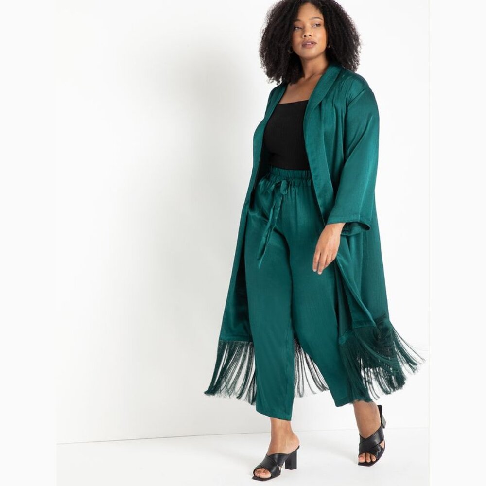 Eloquii 18 Botanical Green Satin Fringed Duster